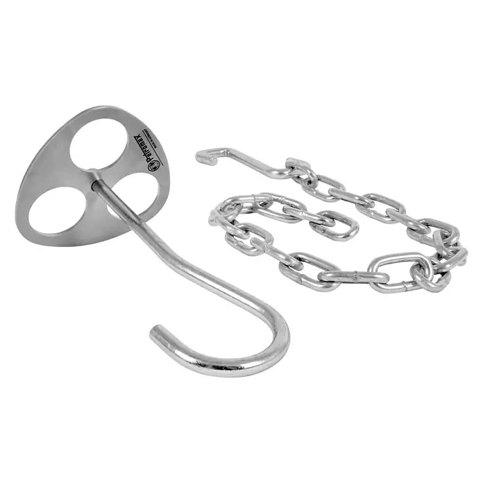 Petromax Dreibein-Ring - Durchmesser: 10,5 cm, Edelstahl - Silberner Trichterhaken mit Kette zur Verwendung in der Lebensmittelindustrie, besonders nützlich für Räucherkammern.