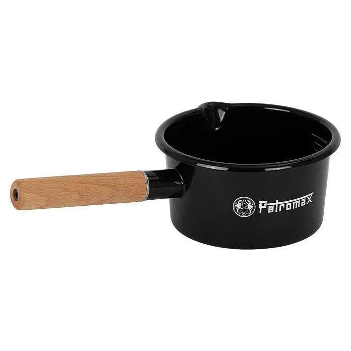 Petromax Kochtopf - Schwarz, Stahl, 1 l, Emailliert - Schwarze Petromax Emaille Stielkasserolle mit Holzbgriff, ideal zum Campen. Robuste Konstruktion und einfache Reinigung machen sie zum perfekten Outdoor-Begleiter.