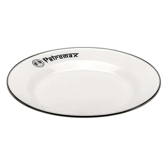 Petromax Teller rund - Ø x H: 26 x 2,9 cm, Weiß, Stahl, 2 Stk. - Nahaufnahme eines weißen Petromax Emaille Tellers mit silbernem Rand und schwarzer Aufschrift.