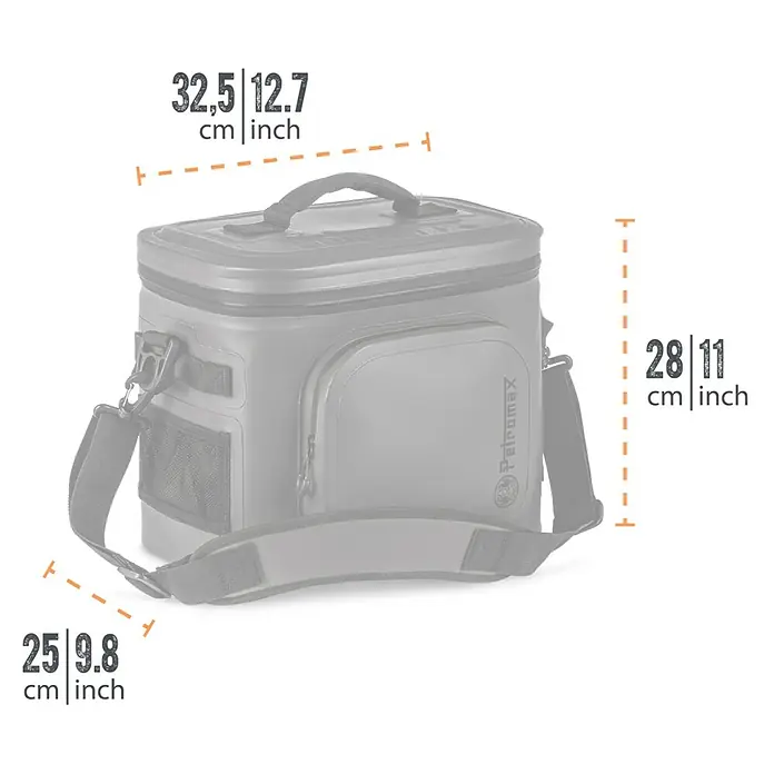 Petromax Kühltasche - Sand, 8 l, L x B x H: 32,5 x 25 x 28 cm - Abbildung einer Petromax Kühltasche mit Maßangaben: 32,5 cm breit, 28 cm hoch, 25 cm tief. Perfekt für Outdoor-Abenteuer!