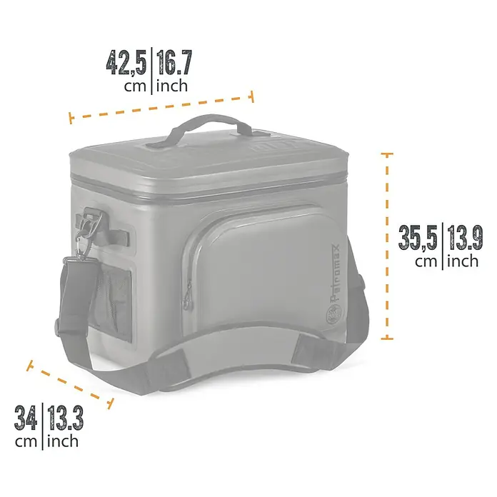 Petromax Kühltasche - Dunkelgrau, 22 l, L x B x H: 42,5 x 34 x 35,5 cm - Abbildung der Petromax Kühltasche mit Größenangaben. Die Tasche ist grau und hat einen Tragegurt.