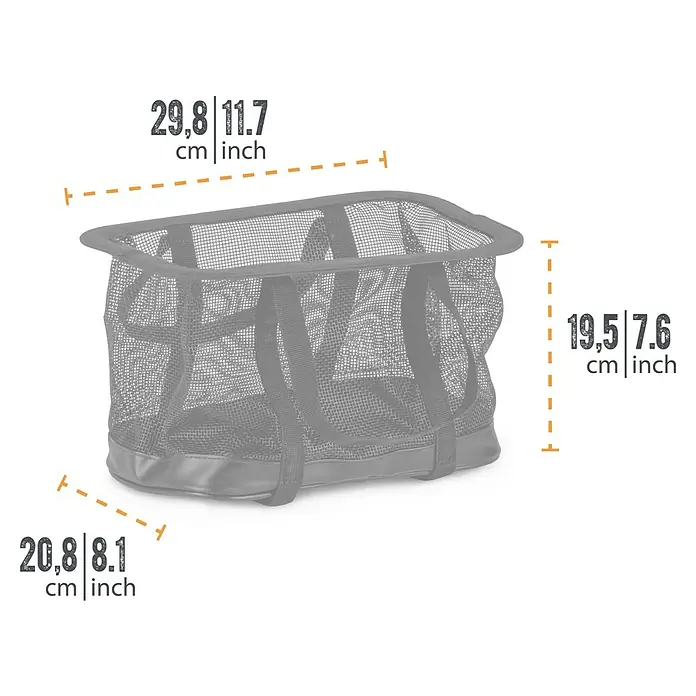Petromax Netztasche - Passend für: Petromax Kühltasche 8l, Volumen: 8 l - Abbildung einer schwarzen Netzstoff-Einkaufstasche mit Größenangaben in cm und Zoll.