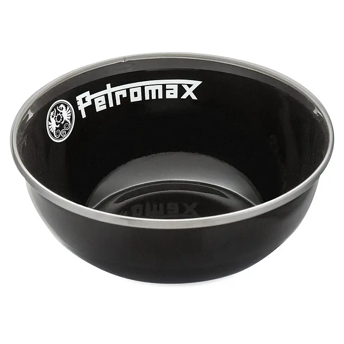 Petromax Schale - Schwarz, 160 ml, Emailliert, 2 Stk. - Schwarze Petromax Schüssel mit silbernem Rand und Markenlogo. Perfekt für Camping und Outdoor-Aktivitäten.