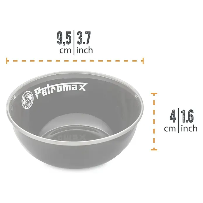 Petromax Schale - Schwarz, 160 ml, Emailliert, 2 Stk. - Produktbild einer Petromax Emaille Schüssel in Schwarz mit Maßangaben. Ideal für Camping und Outdoor-Aktivitäten.