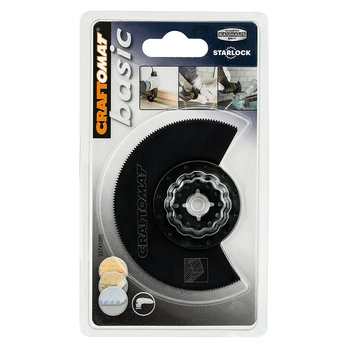 Craftomat Disco de sierra segmentado - Diámetro: 85 mm, Apto para: Materiales de madera, Sistema STARLOCK - La imagen muestra un paquete de hoja de sierra Craftomat Basic. La hoja de sierra es negra y tiene un borde dentado.