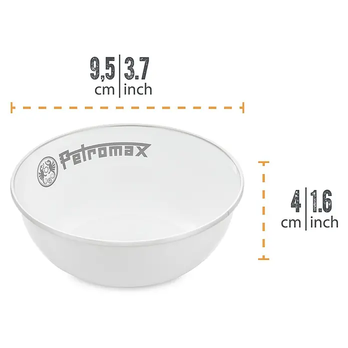 Petromax Schale - Weiß, 160 ml, Emailliert, 2 Stk. - Abbildung einer Petromax Emaille-Schüssel mit Maßangaben in cm und Zoll.\n