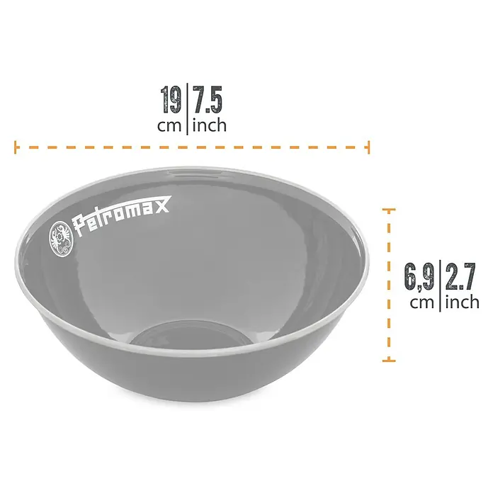 Petromax Schale - Schwarz, 1 l, Emailliert, 2 Stk. - Abgebildet ist eine Petromax Feuerstelle-Schale mit den Maßen 19 cm (7,5 Zoll) in der Breite und 6,9 cm (2,7 Zoll) in der Höhe.