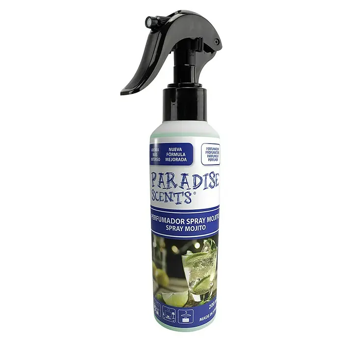 Spray ambientador de coche - Mojito, 200 ml - Botella de spray aromático Mojito Paradise Scents con atomizador negro e imagen de Mojito en la etiqueta.