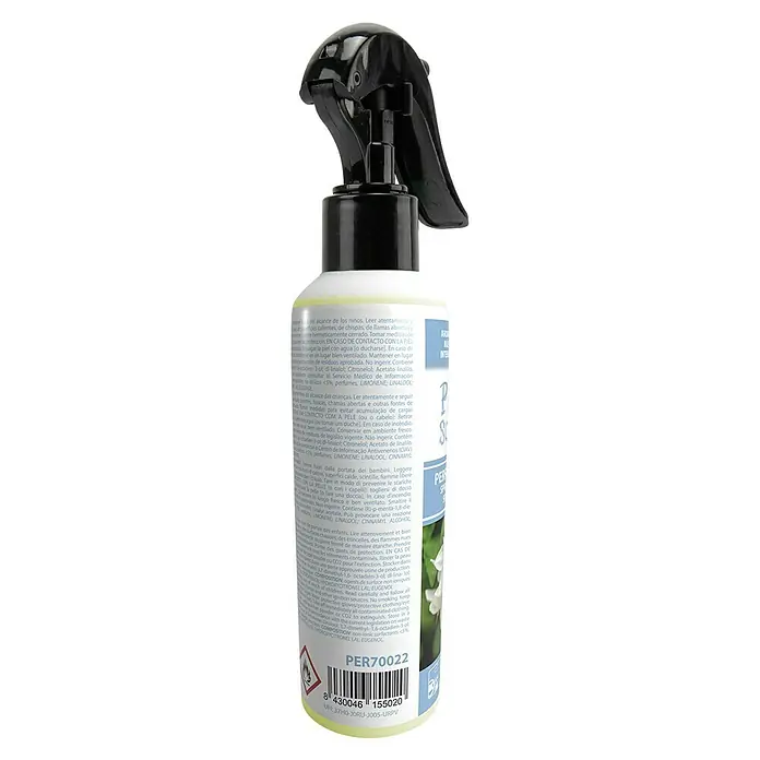Spray ambientador de coche - Jazmín, 200 ml - Botella de spray con una etiqueta azul de spray perfumado, adornada con un diseño floral, para una experiencia de fragancia agradable.