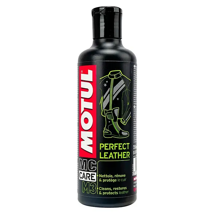 Limpiador cutáneo para mascotas M3 - 250 ml, Piel - Imagen de una botella de limpiador de cuero Perfect Leather Motul MC Care M3, para limpiar, acondicionar y proteger la ropa de cuero.