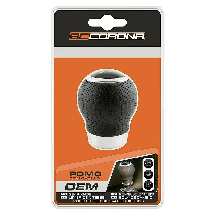 Pomo palanca de cambios OEM - Coches, Negro - Embalaje del producto de un pomo de cambio negro BC Corona OEM con detalles plateados.