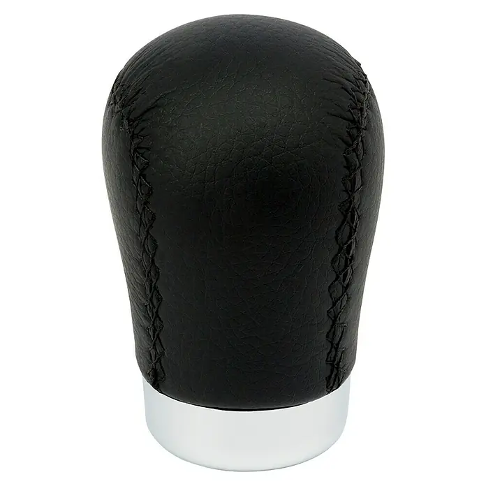 Pomo palanca de cambios Class corto - Coches, Negro - Pomo de cambio de marchas de cuero negro con base cromada y costuras decorativas distintivas, para una experiencia de conducción elegante.