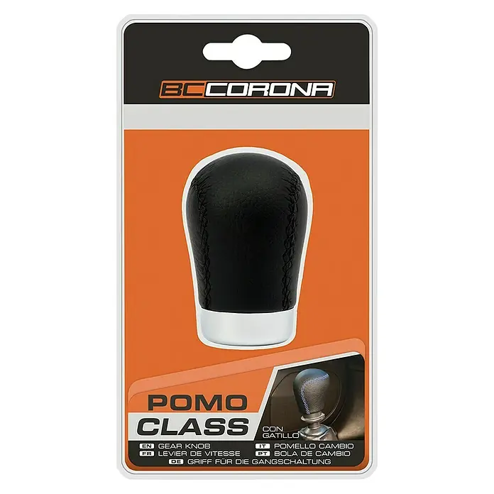 Pomo palanca de cambios Class corto - Coches, Negro - Un pomo de cambio negro "BC Corona Pomo Class" con base plateada. El accesorio para coche está empaquetado en un envase de plástico transparente.