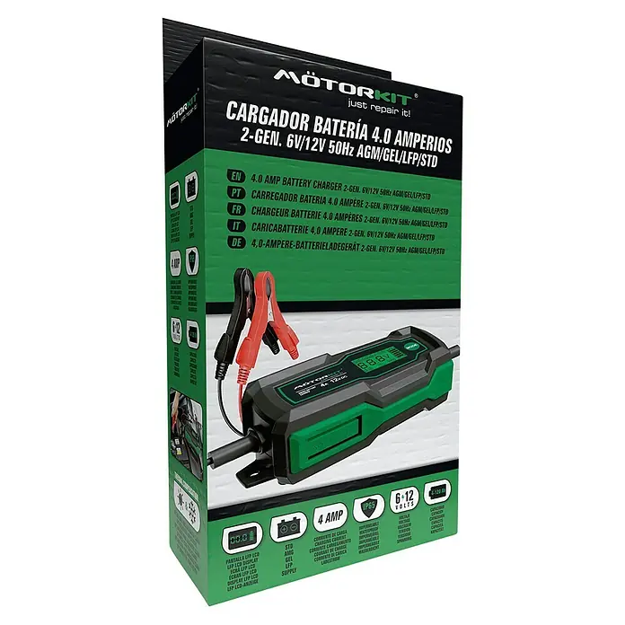 Arrancador de baterías - Capacidad: 120 Ah, 12 V - Embalaje del cargador de batería MOTORKIT de 4.0 amperios, adecuado para baterías de 6V/12V.