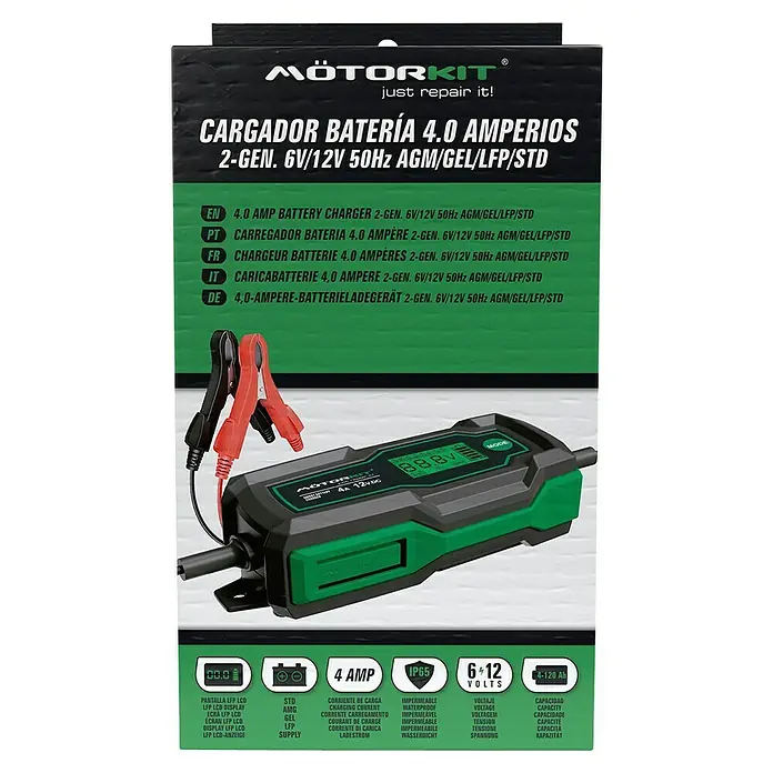 Arrancador de baterías - Capacidad: 120 Ah, 12 V - Cargador de batería MOTOR Kit 4.0 amperios, 2da generación, 6V/12V 50Hz AGM/GEL/LFP/STD para cargar baterías.