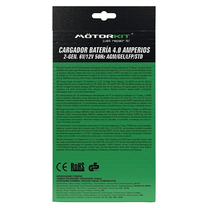 Arrancador de baterías - Capacidad: 120 Ah, 12 V - Cargador de batería Mötorkit 4.0 Amp de 2.ª generación para tipos de batería de 6V/12V AGM/GEL/LFP/STD.