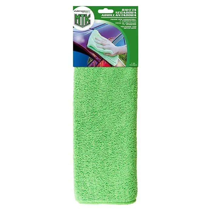 Bayeta de limpieza - 40 x 40 cm, Apto para: Carrocerías - Imagen de un paño de microfibra verde MTK, ideal para pulir y secar superficies. El paño es suave y absorbente.