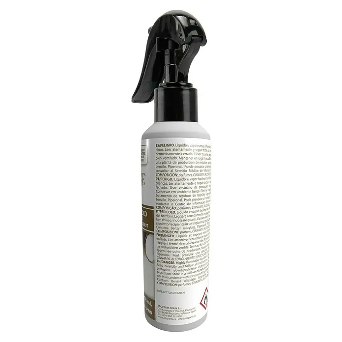 Spray ambientador de coche - Coco, 200 ml - Imagen de un frasco rociador con lista de ingredientes.