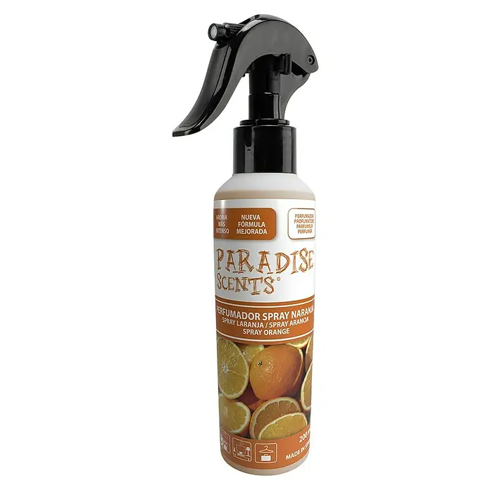Spray ambientador de coche - Naranja, 200 ml - Un frasco de spray de ambiente Paradise Scents naranja con un cabezal de spray negro. Para un ambiente agradable.