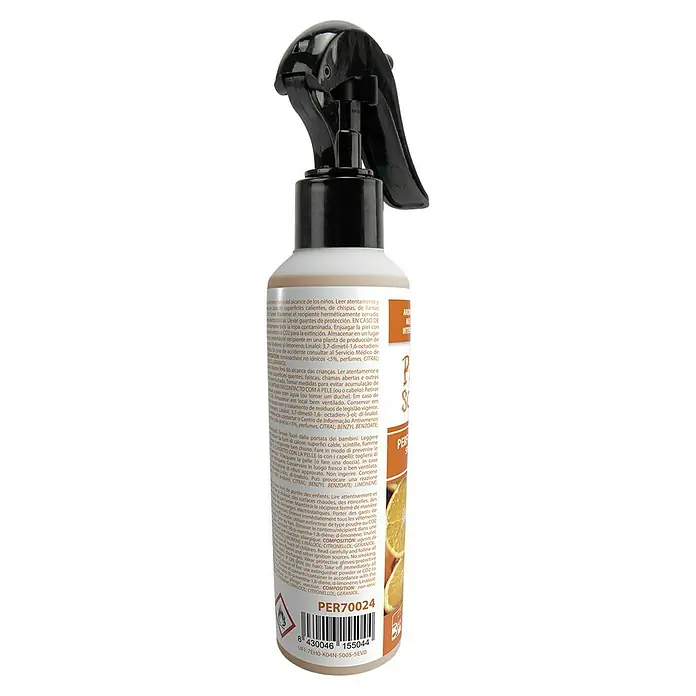 Spray ambientador de coche - Naranja, 200 ml - Un primer plano de una botella de aerosol perfumada que muestra la información de la etiqueta e ingredientes.