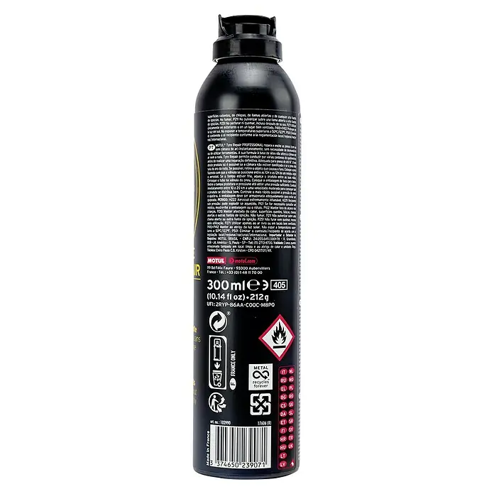 Spray antipinchazos Tyre Repair - 300 ml, Motocicletas - Parte trasera de un aerosol negro de reparación de neumáticos Motul.