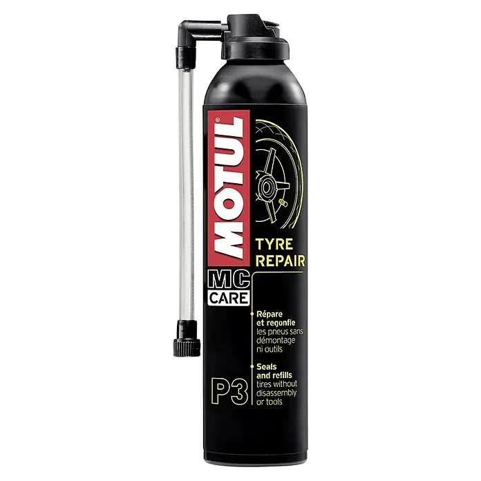 Spray antipinchazos Tyre Repair - 300 ml, Motocicletas - Imagen de una lata de reparación de neumáticos Motul MC Care P3. Apto para reparar e inflar rápidamente neumáticos sin desmontaje ni herramientas.