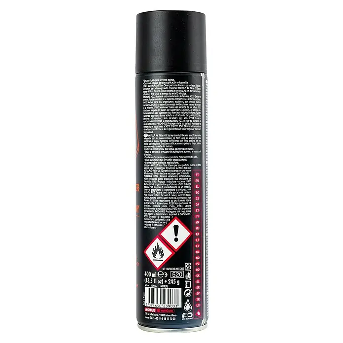Limpiador de filtros A2 - 400 ml, Apto para: Motocicletas - Imagen de una lata de aerosol de aceite para filtro de aire Motul para el mantenimiento del filtro y el rendimiento.