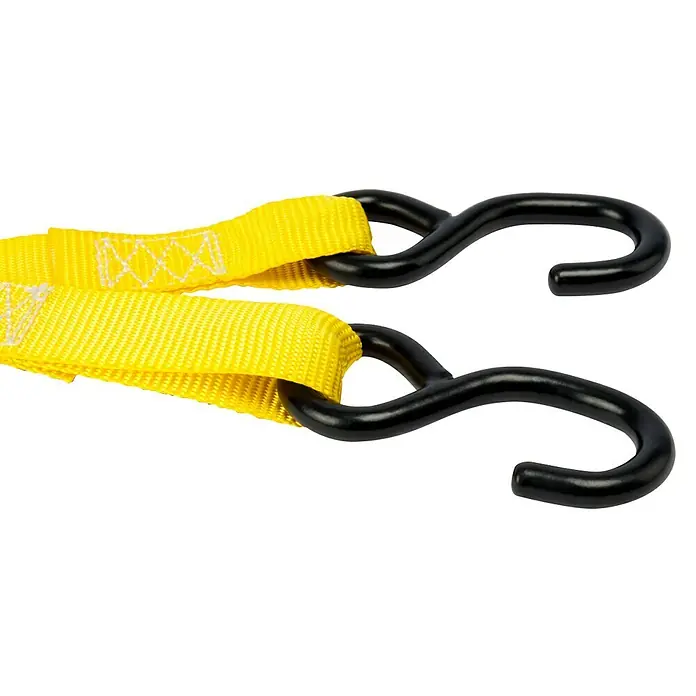 Goodyear Correa de amarre con trinquete - L x An: 5 m x 25 mm, Carga soportada: 340 kg - Primer plano de correas de sujeción amarillas con ganchos negros. Las correas son robustas y diseñadas para transporte seguro.