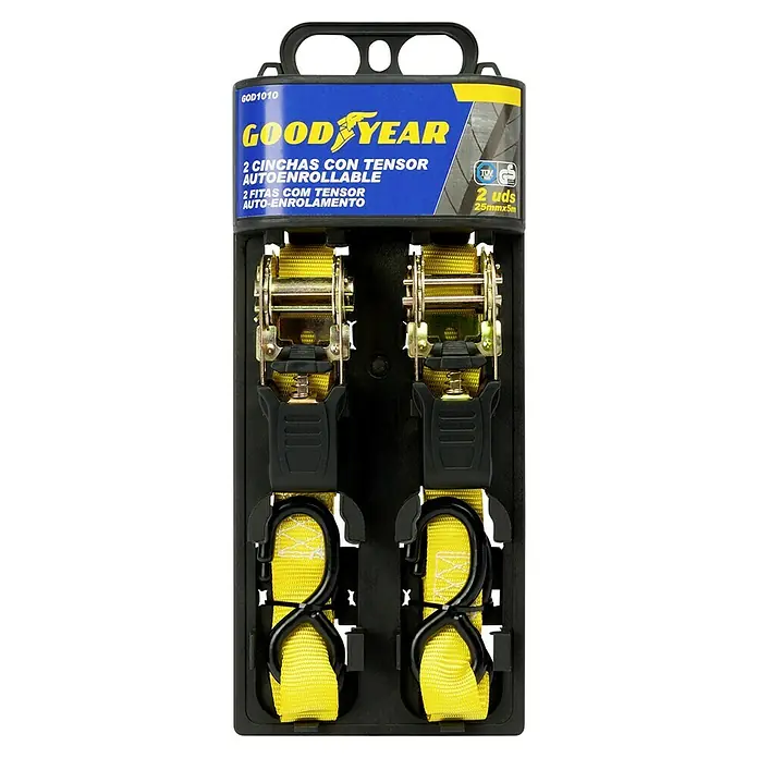 Goodyear Correa de amarre con trinquete - L x An: 5 m x 25 mm, Carga soportada: 340 kg - En la imagen se muestra un juego de cinchas de amarre Goodyear con bobinado automático, ideal para sujetar cargas. El conjunto incluye dos cinchas.