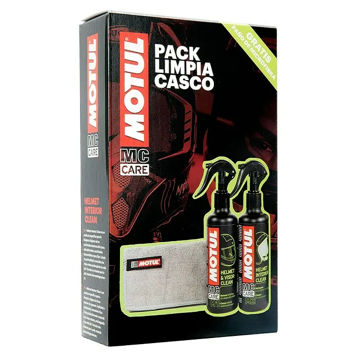 Limpiador específico para casco M1 y M2 - 500 ml, Apto para: Cascos de motocicleta - Kit de limpieza de casco Motul: El kit incluye limpiador de interior de casco y visera, más un paño de microfibra para una limpieza sin rayas.