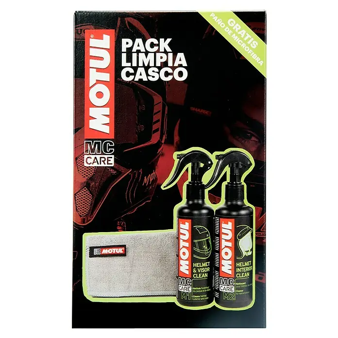 Limpiador específico para casco M1 y M2 - 500 ml, Apto para: Cascos de motocicleta - Imagen del producto de un kit de limpieza de cascos Motul MC Care con dos botellas de limpieza y un paño de microfibra.
