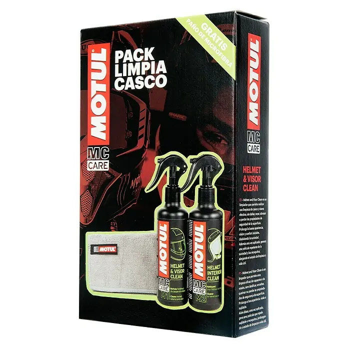 Limpiador específico para casco M1 y M2 - 500 ml, Apto para: Cascos de motocicleta - Motul MC Care Pack para el cuidado del casco con limpiador de casco y visera, limpiador interior y paño de microfibra para cascos de moto.