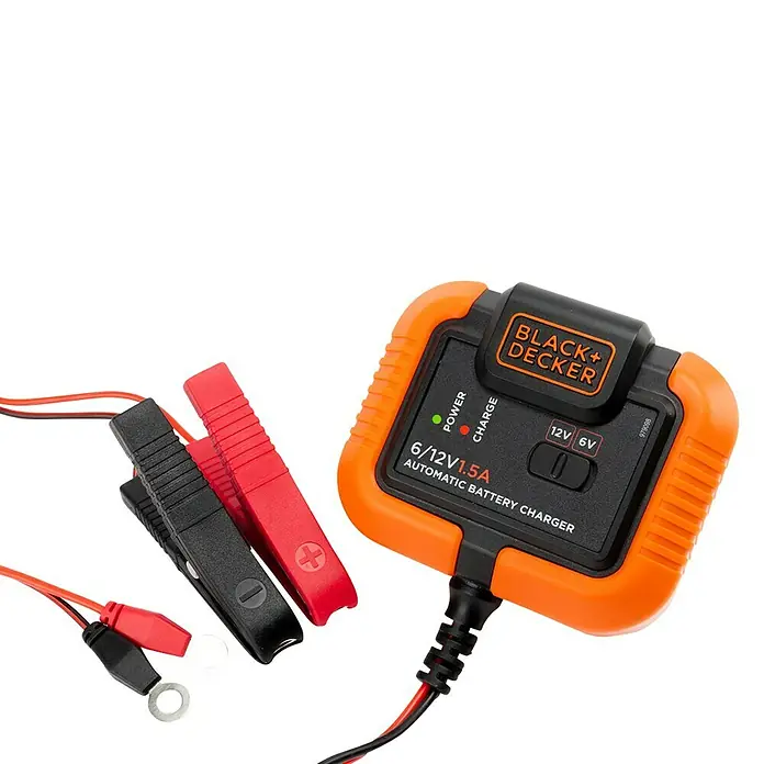 Black+Decker Arrancador de baterías - Capacidad: 70 Ah, 12 V - Imagen de un cargador de batería automático Black+Decker 6/12V 1.5A con pinzas de cocodrilo.