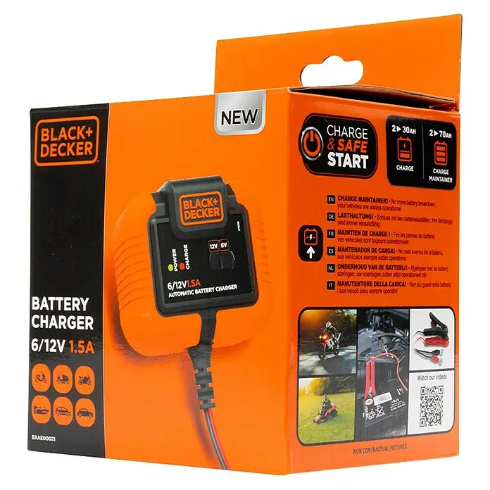 Black+Decker Arrancador de baterías - Capacidad: 70 Ah, 12 V - Imagen del embalaje del cargador automático de batería Black+Decker 6/12V 1.5A.