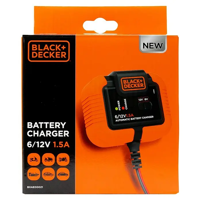 Black+Decker Arrancador de baterías - Capacidad: 70 Ah, 12 V - Embalaje de un cargador de batería automático Black+Decker 6/12V 1.5A, adecuado para varios vehículos.