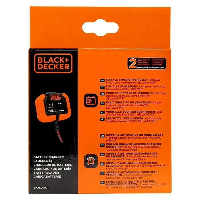Black+Decker Arrancador de baterías - Capacidad: 70 Ah, 12 V - Cargador de batería Black+Decker para baterías de plomo-ácido de 6V/12V (GEL, AGM, WET) con protección contra polaridad inversa y apagado automático.