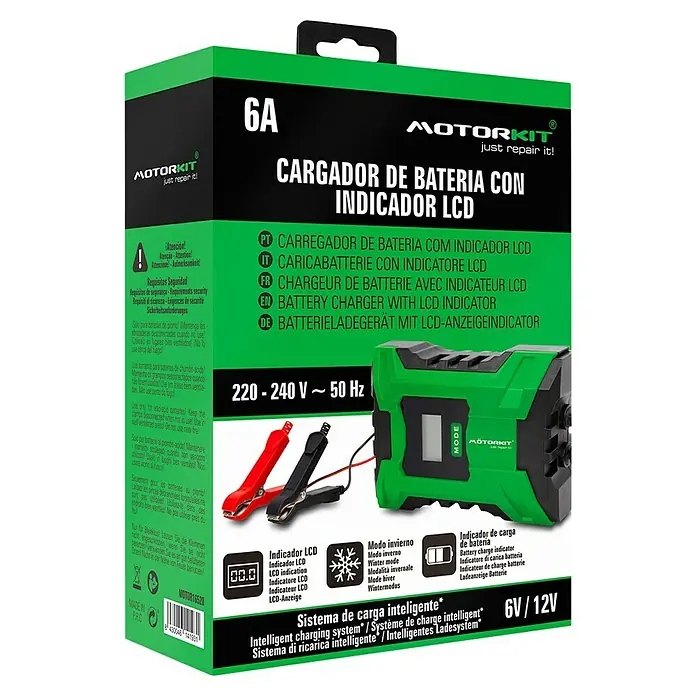 Arrancador de baterías y moto - Capacidad: 150 Ah, 12 V - Imagen del cargador de batería Motorkit 6A con indicador LCD, una solución práctica y eficiente para cargar baterías.