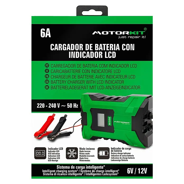 Arrancador de baterías y moto - Capacidad: 150 Ah, 12 V - Imagen de un cargador de batería MOTORKIT 6A con indicador LCD para baterías de 6V/12V y carga inteligente.