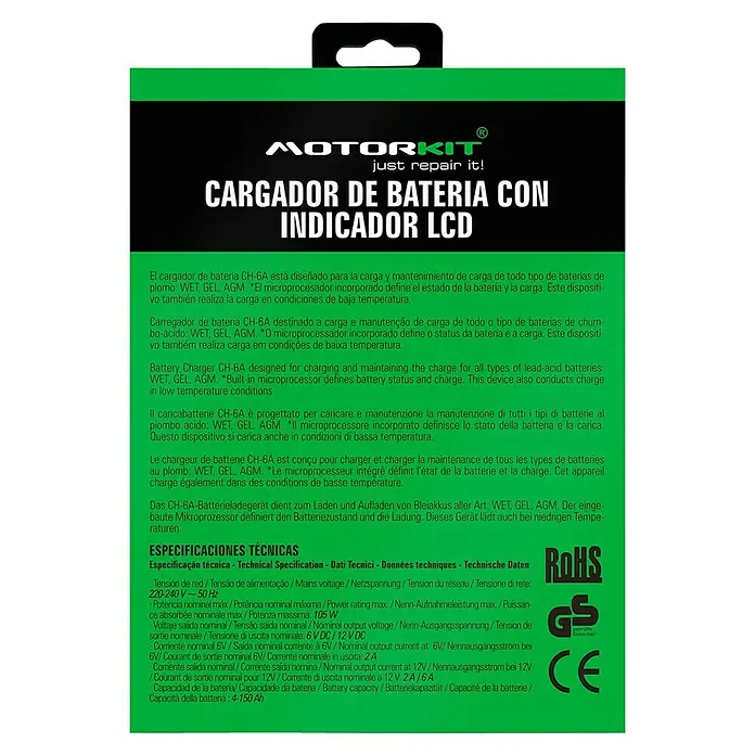 Arrancador de baterías y moto - Capacidad: 150 Ah, 12 V - Imagen de un embalaje del cargador de batería MOTORkit CH-6A con datos técnicos y certificaciones.