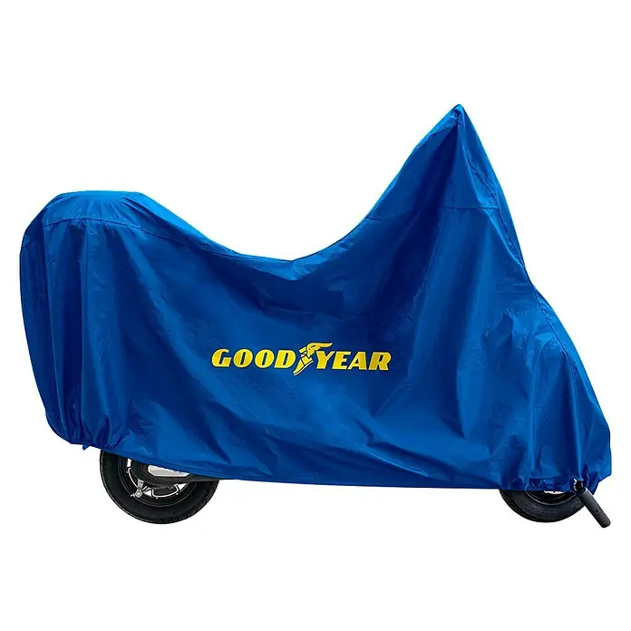 Goodyear Funda para motocicleta - 203 x 89 x 122 cm, Azul - Una motocicleta azul cubierta con una funda de moto Goodyear. Protege la moto de los elementos climáticos y el polvo.