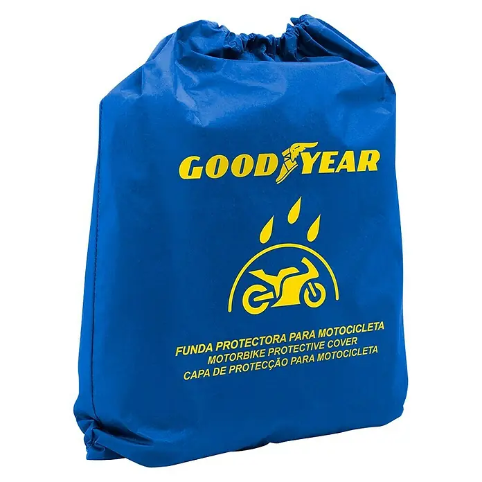 Goodyear Funda para motocicleta - 203 x 89 x 122 cm, Azul - Funda azul para motocicleta Goodyear con logotipos y letras amarillas.