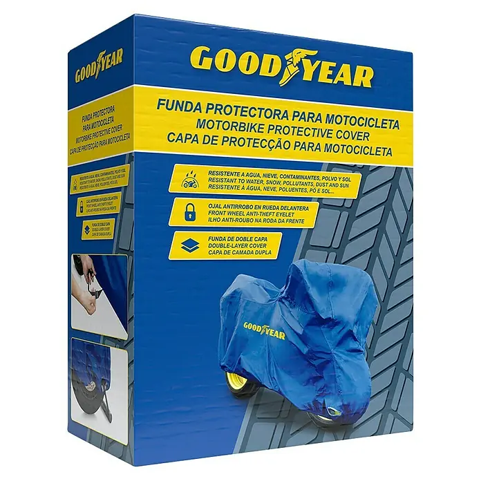 Goodyear Funda para motocicleta - 203 x 89 x 122 cm, Azul - Imagen del producto: Funda para moto Goodyear, resistente al agua, con ojal antirrobo en la rueda delantera y doble capa.