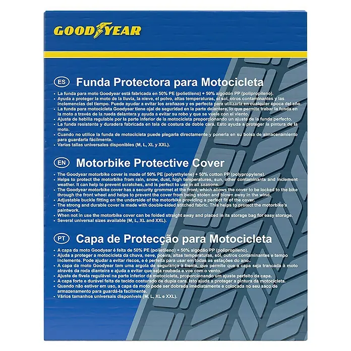 Goodyear Funda para motocicleta - 203 x 89 x 122 cm, Azul - Detalles de la funda: La funda de moto Goodyear hecha de polietileno/algodón PP, protege de daños y elementos climáticos.