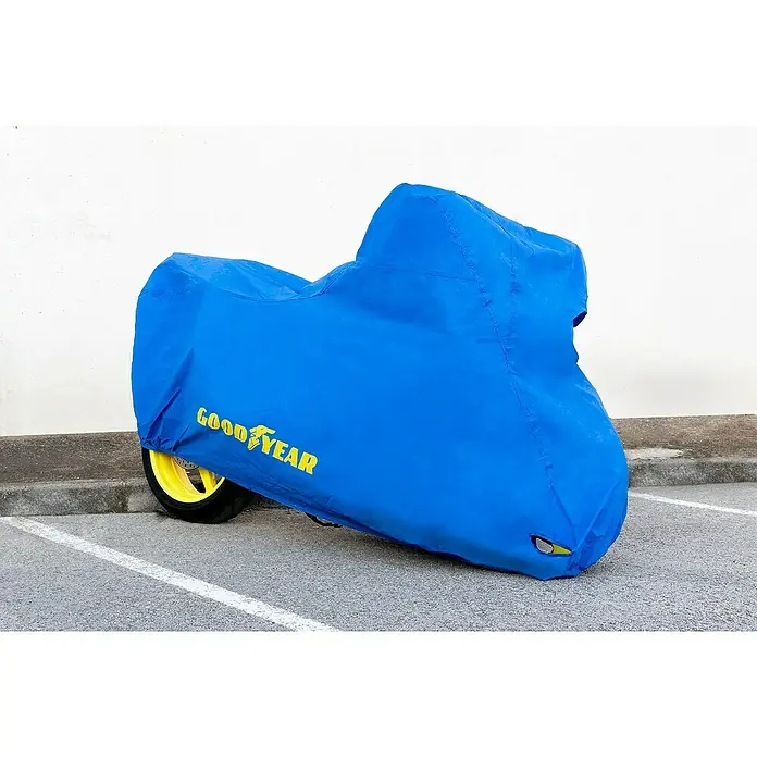 Goodyear Funda para motocicleta - 203 x 89 x 122 cm, Azul - Una motocicleta cubierta con una funda azul de motocicleta Goodyear. Protege contra los elementos.