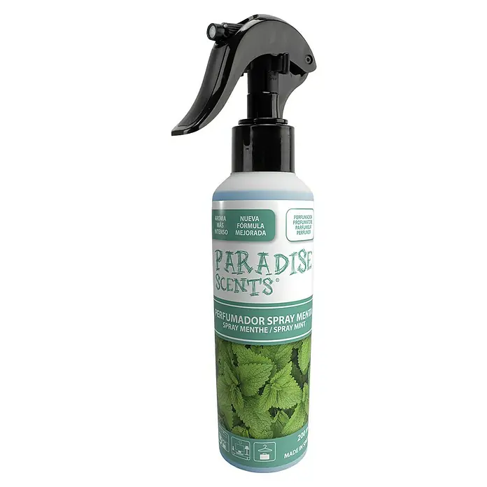 Spray ambientador Paradise Scents - Menta, 200 ml - Un frasco de ambientador en spray de menta Paradise Scents con un pulverizador negro y una etiqueta con un motivo de hoja de menta.
