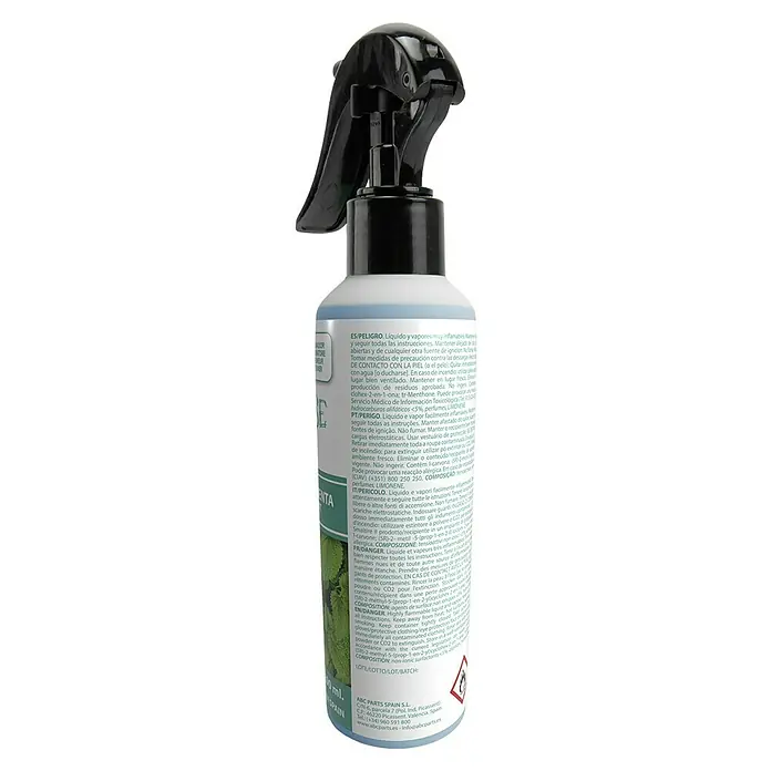 Spray ambientador Paradise Scents - Menta, 200 ml - Primer plano de un aerosol de menta verde con pulverizador negro y etiqueta multilingüe.