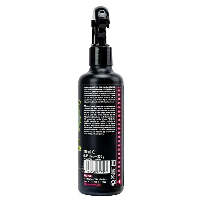 Limpiador específico para casco M2 - 250 ml, Apto para: Cascos de motocicleta - En la imagen se muestra una botella de Motul Helmet Interior Cleaner, ideal para el cuidado e higiene del casco.