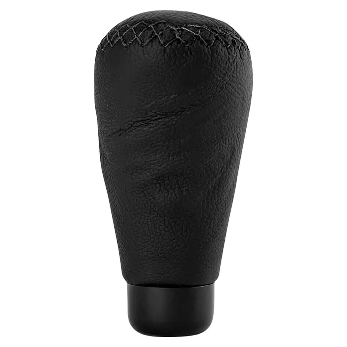 Pomo palanca de cambios Class largo - Coches, Negro - Primer plano de un pomo de cambio de marchas de cuero negro con costuras prominentes, que transmite una sensación de lujo y artesanía precisa.