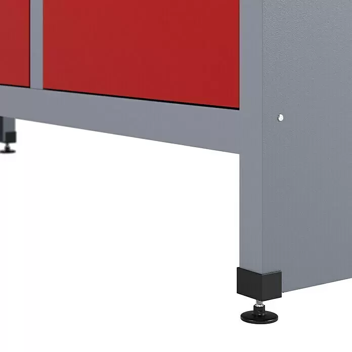 Küpper Werkbank - L x B: 60 x 170 cm, Arbeitshöhe: 84 cm, Belastbarkeit: 300 kg, Rot/Silbergrau - Untere Ecke eines rot-grauen Industrieschranks mit schwarzem verstellbarem Nivellierfuß.