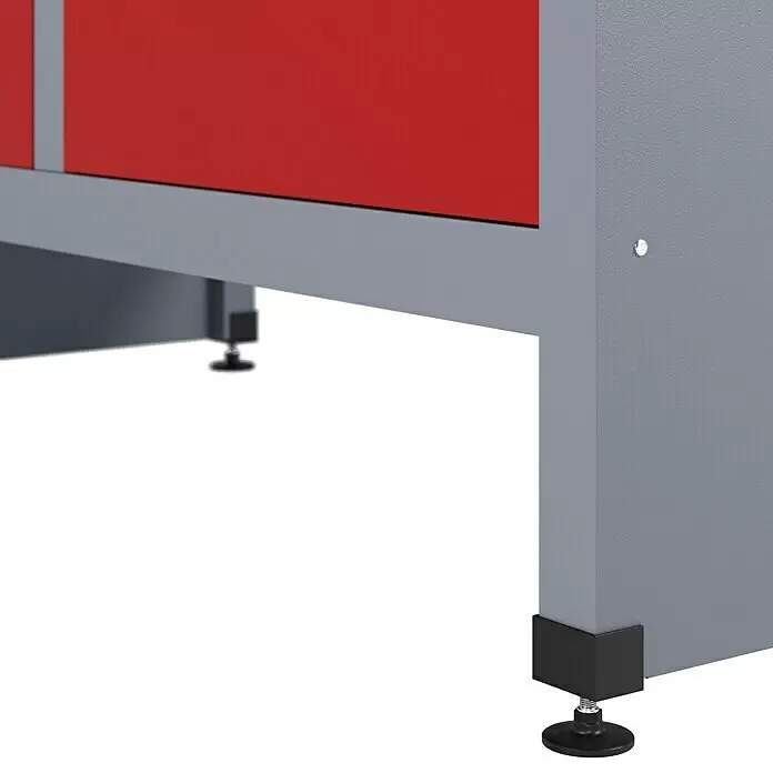 Küpper Werkbank - L x B: 60 x 120 cm, Arbeitshöhe: 84 cm, Belastbarkeit: 300 kg, Rot/Silbergrau - Rotes und graues Industrieschrank-Unterteil mit schwarzen verstellbaren Nivellierfüßen.